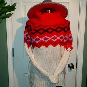 🆕 SO Cream & Red Argyle Cowl Neck Tunic Sweater, Long Sleeve